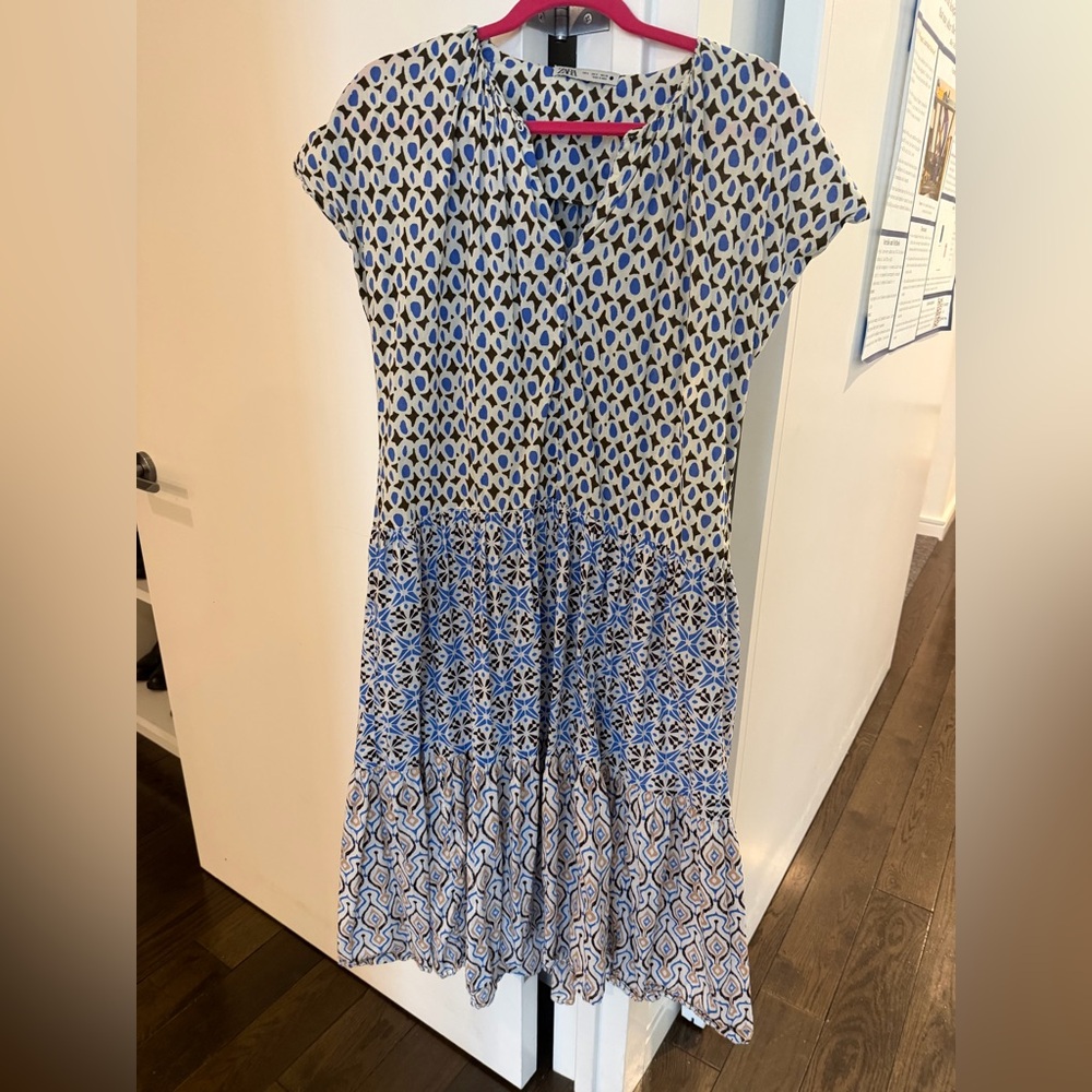 Zara Blue & White midi patchwork dress size small soho NYC